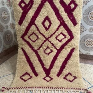 White Carpet with Moroccan Red Drawings - Handmade Berber Boucherwit Entrance Rug, Colored Geometric Wool Rug, Boho Home Decor