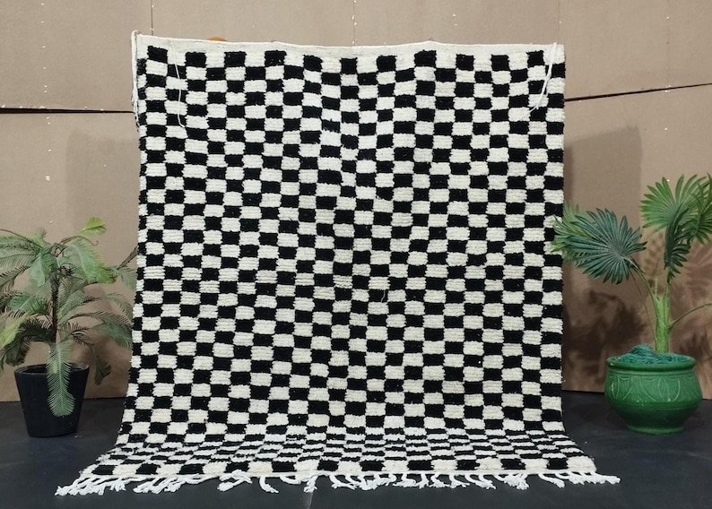 Black and White Checkered Beni Ourain Rug-Hand-Knotted Moroccan Wool-Custom Large Moroccan Rug – Handmade Berber Carpet – Made in Morocco - Image 9