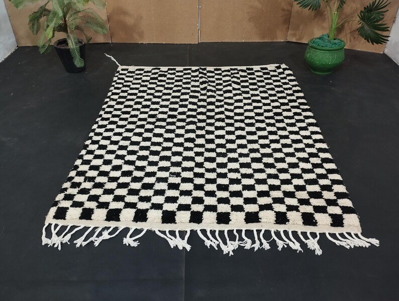 Black and White Checkered Beni Ourain Rug-Hand-Knotted Moroccan Wool-Custom Large Moroccan Rug – Handmade Berber Carpet – Made in Morocco