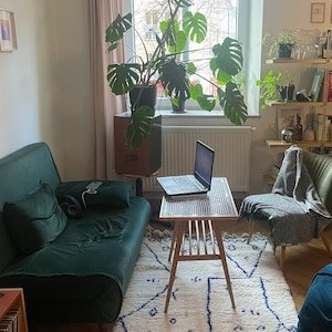 Moroccan Beni Ourain Rug – Ivory Wool with Blue Geometric Lines, Handmade Berber Area Rug - Image 5