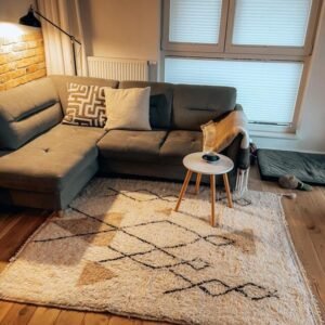 Beni Ourain Moroccan Wool Rug – Handmade Ivory Berber Area Rug with Black Tribal Diamonds