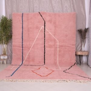 Pink Moroccan Beni Ourain Rug – Handmade Wool Berber Rug with Minimal Line Design