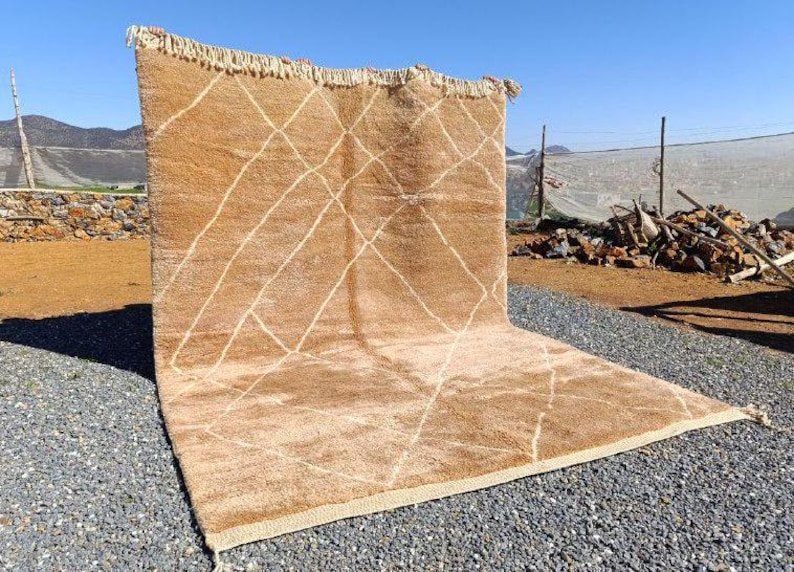 Handmade Beni Ourain Moroccan Rug – Sand Beige Wool Area Rug with Ivory Diamond Lines