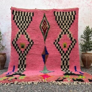 Pink Moroccan Berber Rug – Handmade Wool Boucherouite Style Rug with Geometric Tribal Motifs
