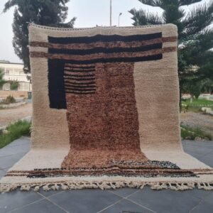Handmade Moroccan Berber Rug – Abstract Wool Area Rug in Ivory, Brown and Black