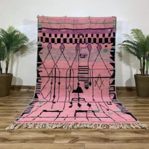Pink Moroccan Berber Rug – Handmade Wool Tribal Rug with Black Geometric Symbols