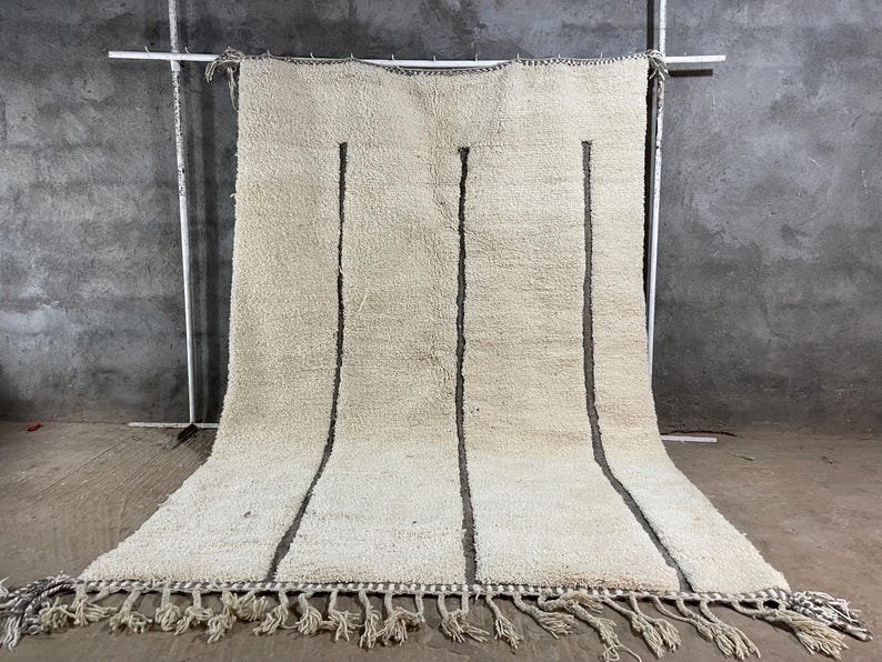 Minimalist Moroccan Beni Ourain Rug – Handmade Ivory Wool Rug with Black Lines